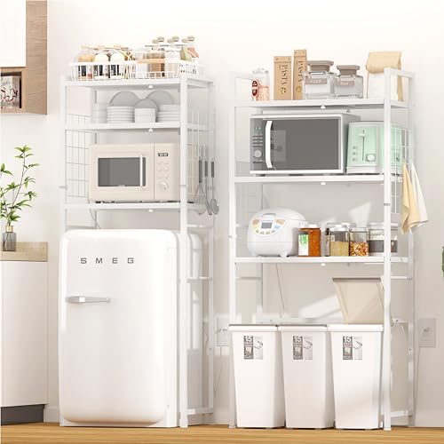 Lunarlight キッチンベイカーラック ゴミ箱上ラック 冷蔵庫上ラック コンセント付き 伸縮式 耐荷重100kg 幅60〜80奥行42高さ170cm 棚高さ9段調節 電子レンジ・洗濯機対応 Sフック付き トースター置き台 多機能 台所整理ラック スリ