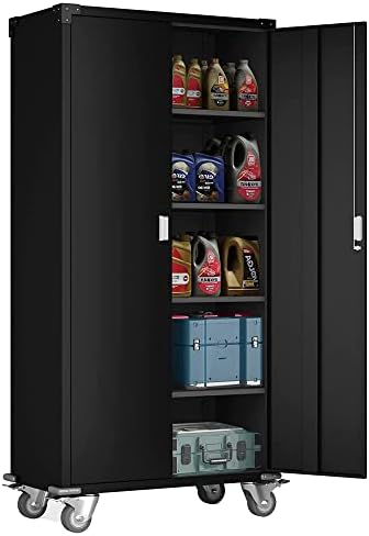 Aobabo 72 Inches Tall Metal Storage Cabinet with Wheels, Black Garage Storage Cabinet with Locking Door and Shelves, Metal Rolling Utility Cabinet for Office, Home, Garage, Kitchen, Assembly Required