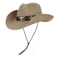JIAHG Unisex Cowboyhut Strohhut Herren Westernhut Sommerhut Sonnenhut Stroh Panamahut Piratenhut Damen Strandhut Fischerhut Strandmütze (Kaffeebraun B)