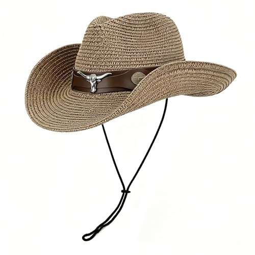 JIAHG Unisex Cowboyhut Strohhut Herren Westernhut Sommerhut Sonnenhut Stroh Panamahut Piratenhut Damen Strandhut Fischerhut Strandmütze (Kaffeebraun B)