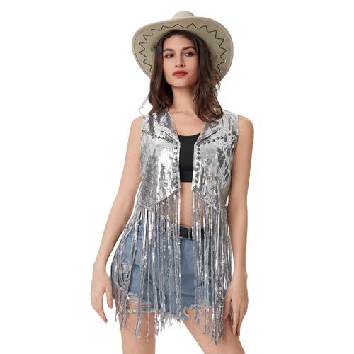 Danceislife Women Fringe Sequin Waistcoat - Tassel Jacket 70s Hippie Sparkly Cardigan Rivet Sleeveless Open Front Vest