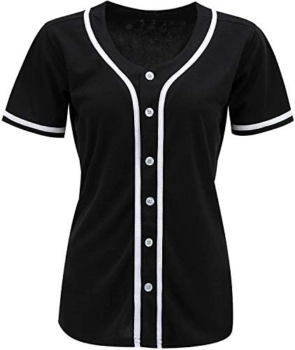 oldtimetown Women's Button Down Baseball Coat, Blank Softball Team Uniform, Hip Hop Hipster Short Sleeve Active Shirt Coat, Black/White-02, Small