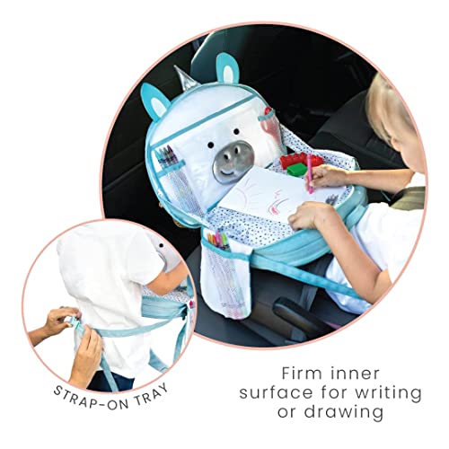 Lulyboo Toddler Car Seat Tray and Backpack - Unicorn Travel Tray with Firm Writing Surface - Kids Lap Desk, Built-in Cup Holder and 8 Storage Pockets