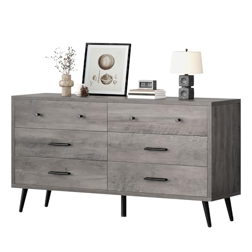 DWVO Grey 6 Drawers Dresser/Modern Wood Chest of Drawers with Black Metal Handle&Anti-Tipping Device/Modern Double Dresser Storage Cabinet for Entryway/Living Room-15.7" Dx55.1 Wx31.1 H