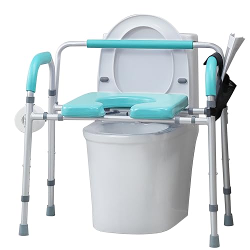ELENKER Heavy Duty Raised Toilet Seat with Armrests and Padded Seat, Elevated Toilet Seat Riser, Medical Bedside Commode Chair for Elderly and Disabled, Green
