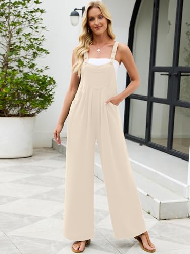 Heymoments Overalls Jumpsuits Rompers for Women Ivory Small Casual Maternity Winter Fall Comfy Ladies Loose Fit Dressy Wide Leg One Piece Sleeveless Grils Long Bib Baggy Pants with Pockets — view 3