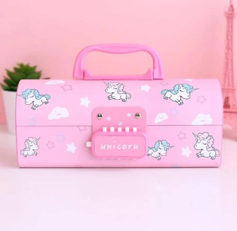 Image of New Cartoon Theme Pencil Box with Push Pull Eraser Set for Kids | Suitcase Style Password Lock Stationery Organizer | School Supplies Gift Combo for Boys & Girls (Unicorn Pink Pencil Box New)