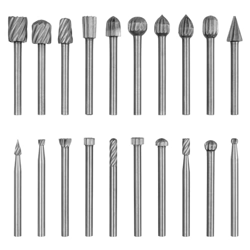 Mesee Lot de 20 Fraises Rotatives HSS Burrs Rotatives en 3mm Tige, Coupe Rotative Bavure Outil Routage de Bois en Acier Rapide pour Fraisage Sculpture Polissage sur Bois Pierre Métal