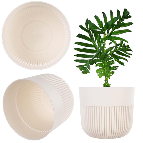 KADAX Blumentopf Ø 13 cm, Blumenübertopf mit gerillter Struktur für Innen- und Außenbereich, Pflanzentopf aus Kunststoff, Übertopf für Zimmerpflanzen (Ecru)