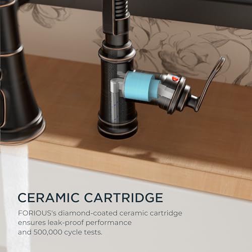 Image of FORIOUS Kitchen Faucet with Pull Down Sprayer, Oil Rubbed Bronze, Stainless Steel Single Handle Spring Antique Kitchen Sink Faucet with Deck Plate, Sutiable for Farmhouse, RV, Camper, Wet Bar