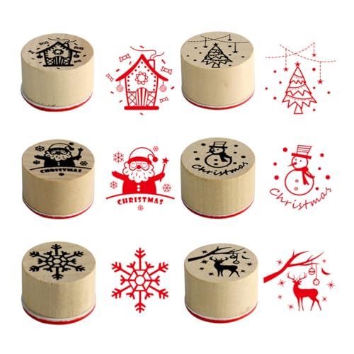 WeddHuis Juego de 6 Patrones de Navidad – Sellos de Madera para Tarjetas de Navidad, Textiles y Dibujos Infantiles, Sello Navideño y Feliz Navidad