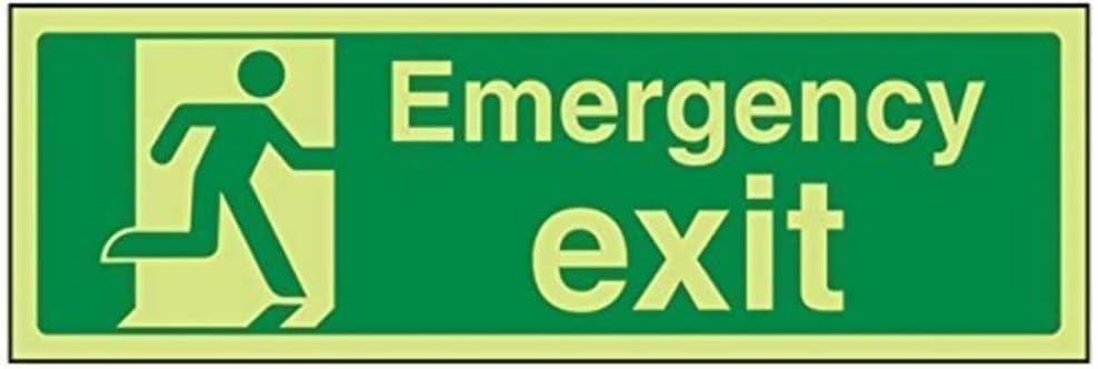 VSafety 21015AX-G Safe Condition Exit Sign, "Emergency Exit", Landscape, 1 mm Glow In The Dark Plastic, 300 mm x 100 mm, Green
