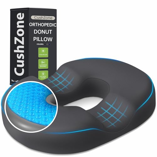 Donut Pillow Seat Cushion - Cooling Gel Floor Pillow, Memory Foam Floor Cushion for Office & Home, Car Seat, Hemorrhoids Pillow, Sciatica & Tailbone Pain Relief Chair Cushion, Grey