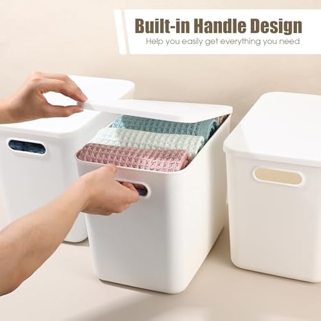 Honeydak 6 Pcs White Plastic Storage Bins with Lids 11.81 x 8.07 x 9.84 Plastic Storage Baskets Boxes Stackable Containers with Lids Organizer Bins for Shelves Drawer Playroom