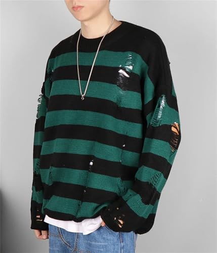 Mens Striped Pullover Sweaters Fashion Long Sleeve O-Neck Loose Hollow Out Hole Broken Knit Sweater2