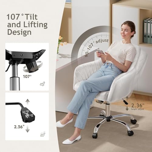Image of AZAKEE Velvet Office Chair with Wheels & Armrests - Mid-Back Swivel Desk Chair for Home Office, Study, Bedroom & Vanity - Adjustable Height, Comfortable & Stylish (White)
