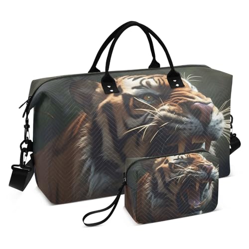 Large Travel Duffel Bag, Big Cat Roaring Sports Tote Gym Bag, Shoulder Weekender Overnight Bag for Women Men, Carry On Luggage with Toiletry Bags