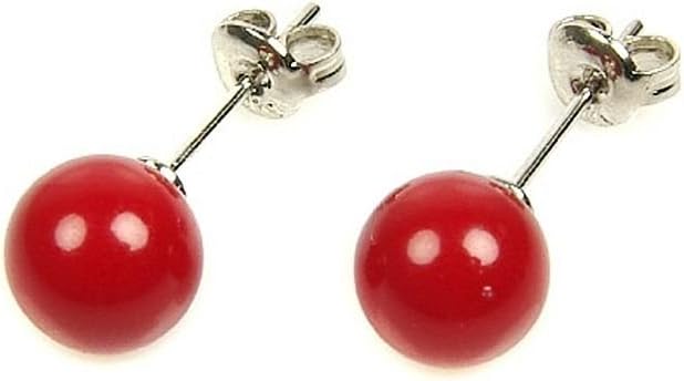 Red Coral Stone Ball Stud Earrings 8mm - Natural Gemstone