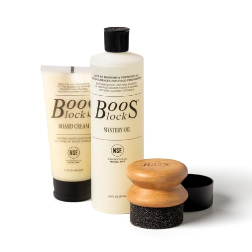 John Boos 3-Piece Care Set, 16 oz Mystery Oil, 5 oz Board Cream & Round Applicator - All-Natural Maintenance Formula for Butcher Blocks, Cutting Boards, Wooden Countertops & Wood Utensils