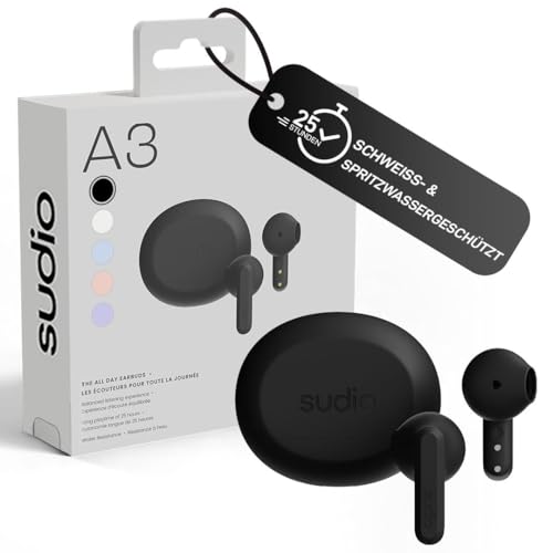sudio A3 True Wireless Kopfhörer Kabellos Bluetooth 5.4 | Over Ear Headphones Bluetooth | Multipoint Verbindung | Schweiß- & Spritzwassergeschützt | Touch | 25h Spielzeit | USB-C Ladecase | Schwarz