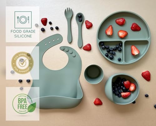 Image of Silicone Baby Feeding Set 6 Pieces with Suction Plate, Bowl, Adjustable Bib, Straw Cup, Spoon & Fork, BPA Free Baby Led Weaning Essentials - Green