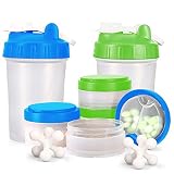 16 OZ Protein Shaker Bottle with Mixer Ball and 2 Interlocking Storage Jars for Pills, Snacks, Coffe