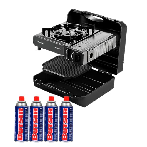 FYSHOP | Pack Camp Bistro 3 Combo Hornillo y Plancha + 4 botes de gas butsir | Hornillo Camping de 1 Quemador | Cocina portátil compacta para Exteriores