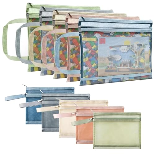 10-pack färgad nätpåse med dragkedja, dubbla lager sorteringsleksak förvaringsväskor, andningsbar genomskinlig blixtlåsficka med handtagsficka för byggstenar, pussel, klippbok, böcker