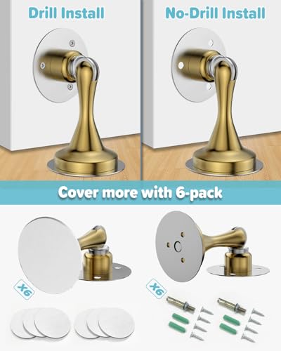 Image of Magnetic Door Stopper for Bottom of Door Catch, Heavy Duty Magnets Door Stops Holder to Keep Door Open, No Drill Strong Adhesive & Screws, Wall & Floor Mounting Stainless Steel Doorstop 6 Pack Gold