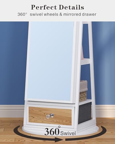 Image of HWB 360 Rotating Jewelry Armoire with 53'' Full Length Mirror, Standing Lockable Jewelry Cabinet Organizer with Lights, Built in Makeup Mirror, Large Storage Capacity with Drawer&Shelves White