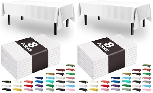 Image of Pureegg Plastic Table Cloth Disposable 16 Pack, 54 x 108 Inch Table Cloths, Party, Picnic, Wedding, Decorative Tablecloths, Rectangle, White Plastic Cover, Leakproof & Sturdy, White