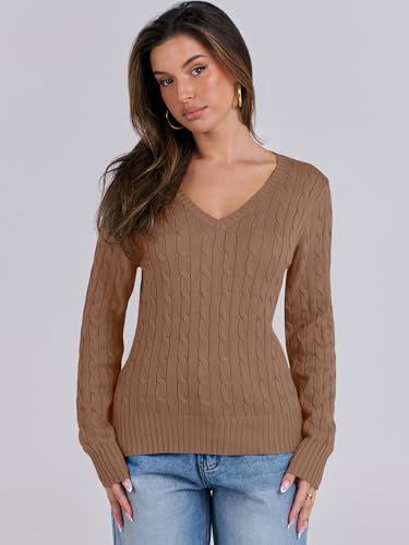 Image of ANRABESS Women's Cable Knit V Neck Fitted Sweaters