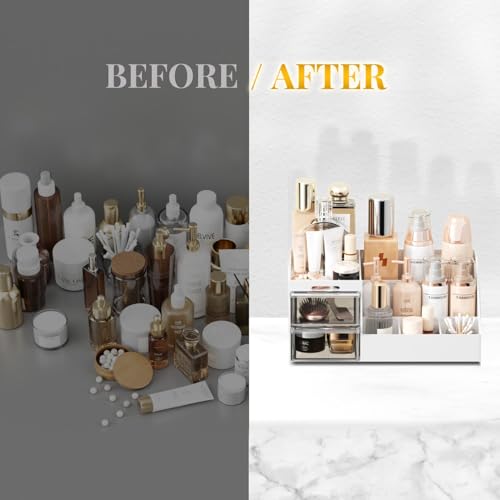 Image of PAXCOO Makeup Desk Cosmetic Storage Box Organizer with Drawers for Dressing Table Large Capacity Display Case,Skincare Organizer,Elegant Vanity Holder Brushes Lipstick Skincare Eyeshadow (White,Clear)