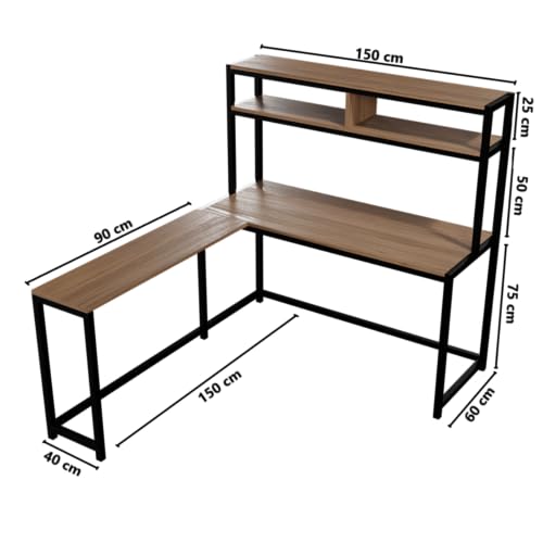 Image of Riyan Luxiwood Hutch Corner Study Table with Two Tier Shelf, Multi-Utility Office Table, Large Work Space, Corner Desk (150 X 150 X 150 Cm) (Beige)