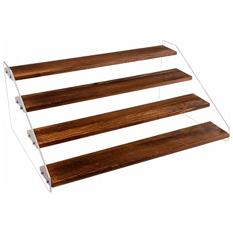 PACKGILO 1 Pack Large 4 Tier Acrylic Display Stand 16*10.6*6.3 inches for Figures Wooden Risers Display Case for Craft Fair Acrylic Cupcake Stand for Dessert Table Cologne Organizer for Men(BROWN) Cover