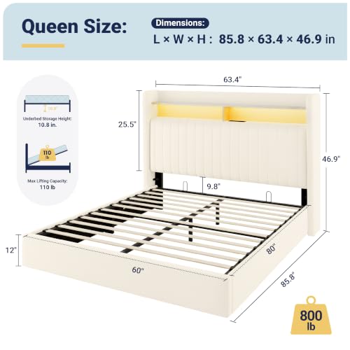 Image of Allewie Queen Size Lift Up Storage LED Bed Frame, Charging Station, Cream
