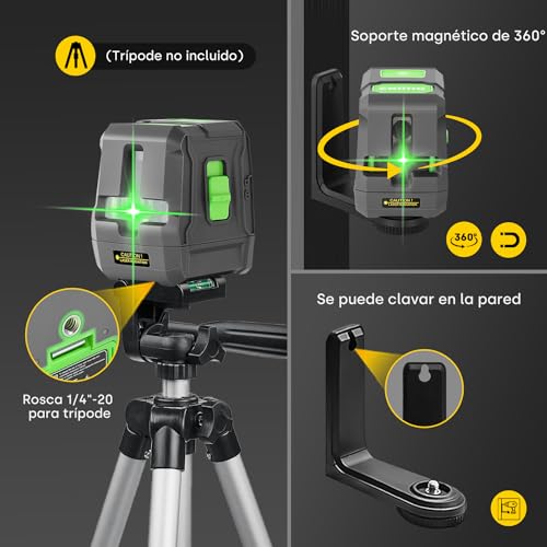 Miniatura 4 de Enventor Nivel Láser Verde De 25m, Nivel Láser Autonivelante De Línea Cruzada, Modos Manual Y Autonivelación, Ip54, 360 Base Magnético, Bolsa