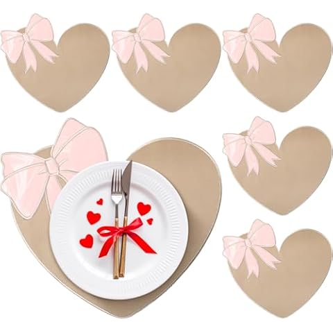 Remerry Set of 6 Burlap Valentine's Day Placemats Heart Shaped Place Mats Beige Vintage Farmhouse Kitchen Table Mats Heat Resistant Washable Linen Valentine Kitchen Mats for Valentines Day Decor Cover