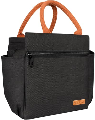 WELIDAY Lunch Bag Insulated Lunch Box Reusable Leakproof Spacious Cooler Tote for Women Men Adult with Bottle Holder and Front Zipper Pockets for Work Office Travel Picnic (Black)