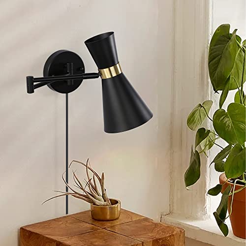Image of SUNLLOK Modern Black Swing Arm Wall Sconce with Plug in Cord - Rustic Adjustable Ceiling Hanging Wall Light Fixture - Industrial Indoor Metal Reading Wall Lamp Decoration for Living Room, Kids Bedroom