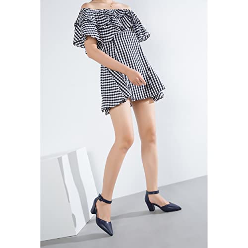 Women's Pointed Toe Heels Low Block Chunky Pumps Ankle Strap Buckle Dress D'orsay Sandals Matte Navy 38-7Us #TOP6