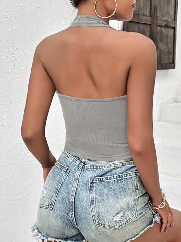 Image of Ekouaer Women Halter Top Backless Scroop Neck Slim Stretchy Ribbed Knit Camisole Crop Tops S-XXL