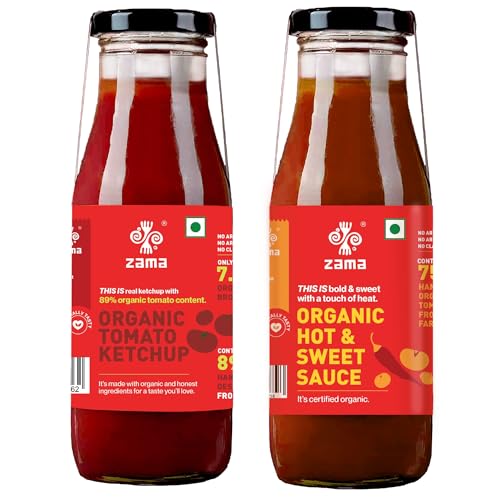 Image of Zama Organic Tomato Ketchup 300 grams | Zama Hot & Sweet Sauce 330 grams | Farm-to-Fork | 88% Tomatoes | Gourmet Experience