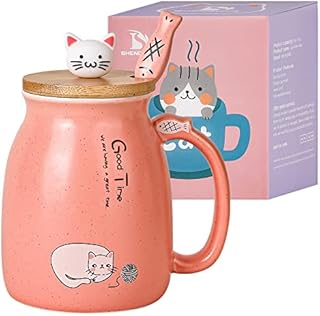 SHENDONG Cat Mug Cute Ceramic Coffee Cup with Kawaii Cat Wooden Lid and Lovely Stainless Steel Spoon Novelty Morning Cup Coffee Milk Tea Mugs - 3D Animal Cat Mugs for Cat Lovers Women Gifts(Pink)