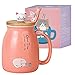 Katze-Becher Süße Kaffeetasse aus Keramik mit Kawaii-Katze Holzdeckel und schöner Löffel aus Edelstahl Neuheit Morning CupKaffee-Milch-Tee-Becher - 3D-Tier Katzen-Tassen für Katzenliebhaber Frau Rosa