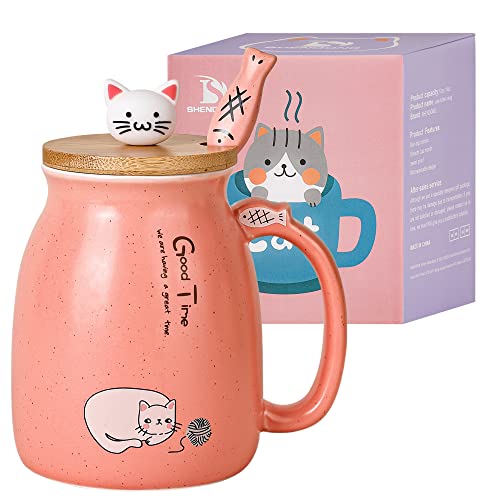 Taza Gato Linda taza de café de cerámica con Tapa y Cuchara de Madera Gato Kawaii Taza matutina...