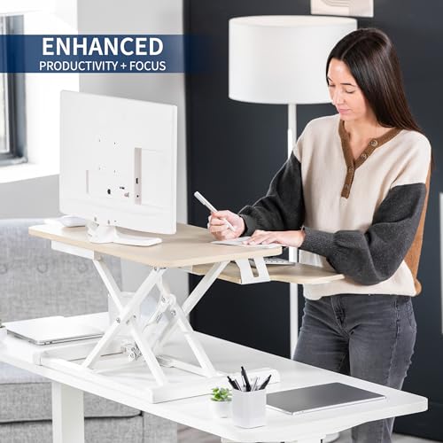 Image of VIVO 28 inch Desk Converter, K Series, Height Adjustable Sit to Stand Riser, Dual Monitor and Laptop Workstation with Keyboard Tray, Light Wood Top, White Frame, DESK-V028KF