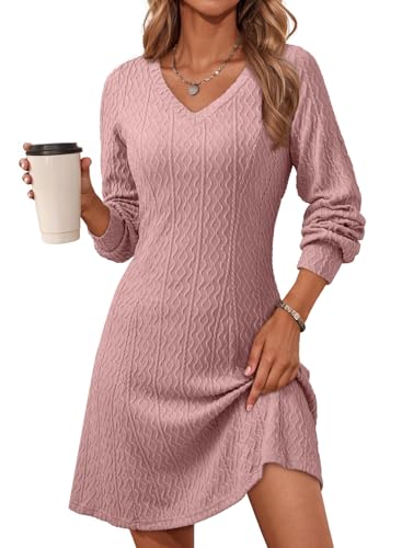 Dokotoo Spring Dresses for Women Wedding Guest Fall Winter Clothing 2026 Business Casual Work Long Sleeve Dress V Neck Knit Ribbed Ladies A Line Sweater Dress Pink Dresses for Women S
