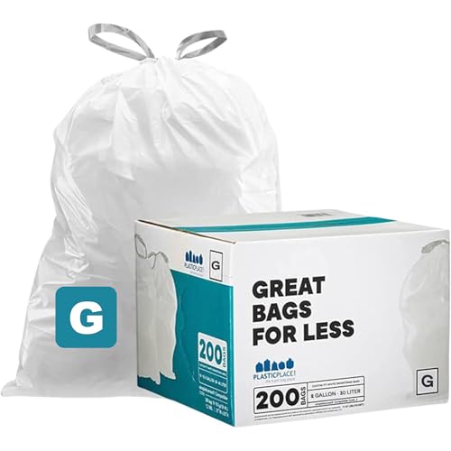 Plasticplace Custom Fit Trash Bags Compatible with simplehuman Code G (200 Count) White Drawstring Garbage Liners 8 Gallon / 30 Liters 17.5 x 28