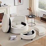 AYEASY Swivel Accent Chair with Half Moon Storage Ottoman, Round Oversized Swivel Barrel Chair with Base Storage for Living Room, 360°Modern Swivel Chair with 3 Pillows for Home, Teddy Fabric,White